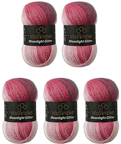 Moonlight Glitter Batik Simli 5 x 100g Strickwolle 500 Gramm Wolle zum Stricken und Häkeln 20% Wolle Metallic-Wolle Farbverlaufswolle Glitzerwolle (5100 grau beere weiß)