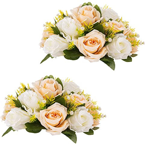 Inweder Artificial Flower Ball Wedding Centerpieces - 2 Pcs Wedding Flower Balls for Table Centerpiece Arrangement Bouquet Fake Flowers Silk Rose Balls with Base Home Room Decor Champagne & White