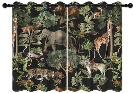 YONGFOTO 117x138cm Cortinas Jungla para Dormitorio Infantil, Safari Mundo Animal Elefante Jirafa Bosque Verde Cortinas Opacas con Ojales para Sala De Estar, 2 Paneles