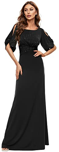 Ever-Pretty Sirène Robe de Soirée Femme Longue Taille Empire Col Rond Manches Courtes avec Strass Grande Taille Élégante Noir 46