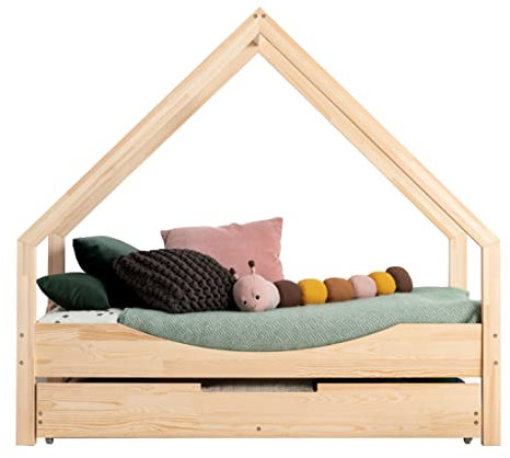 ahoj baby Hausbett mit Schublade für Kinder, Montessori-Hausbett, solides handgefertigtes Bett für Kleinkinder, Kinderbett, Bettrahmen, Cottage-Bett, Kleinkinderbett (70x140)