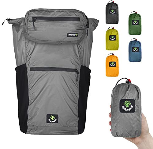 4Monster Faltbarer Rucksack Ultra Leicht, Unisex Tagesrucksack Outdoor, 2in1 Gürteltasche, Wasserdichter Wanderrucksack (Grau,32L)