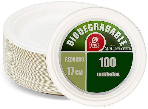 Platos Desechable Vajilla Ecológica y Biodegradable 100 piezas,Platos Caña de Azúca Blanca Desechables Extrafuertes Redondo 17cm para Fiestas,Camping,Picnic,Barbacoas
