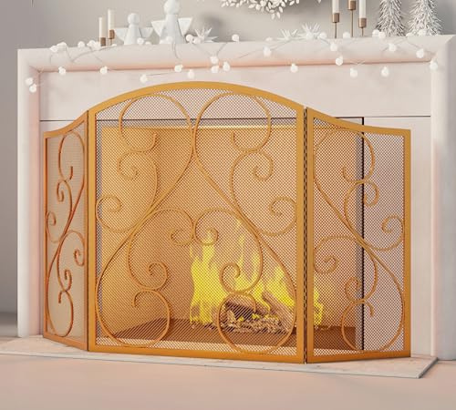Fire Beauty Fireplace Screen 3 Panel Wrought Iron Metal 48(L) x30(H) Spark Guard Cover(Golden Dusting)