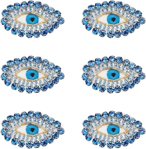 FINGERINSPIRE 6 Stück Ägypten böse Auge Patch 35x54mm blau Gold Glas Strass Applique Patch Auge Form Exquisite Bestickt nähen auf Patches mit Filz zurück für Kleidung Rucksäcke Verschönerung