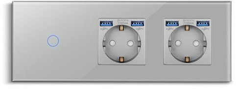CNBINGO Interruptor de luz táctil con doble enchufe con puertos USB (tipo A 2,1 amp total) – Enchufe USB Schuko empotrado – Interruptor de pared de cristal simple en Gris – 1 vía