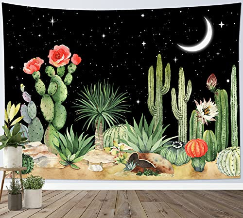 LB Wandteppich Grüner Kaktus Wandtuch Rote Blüten auf Sukkulenten Wandbehang Weißer Mond am schwarzen Nachthimmel Tapisserie für Wohnzimmer Schlafzimmer Wohnheim Wanddeko,150x100cm