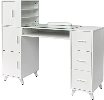 OmySalon Manicure Table Nail Desk for Nail Tech w/Glass Top & Wrist Rest, Beauty Salon Nail Supplies Decor Workstation Acetone Resistant w/3 Side Cabinet+3 Drawers+3 Layers Open Cabinet+1 Open Drawer