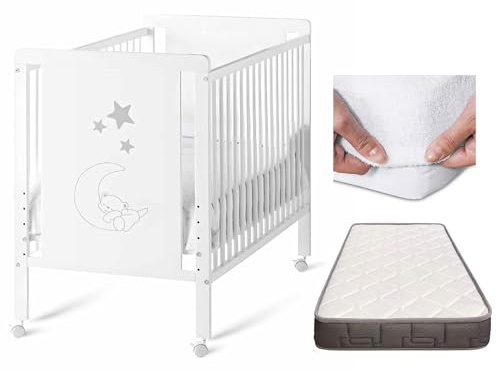 Cuna Bebe Madera, Colchón Morfeo y Protector Colchón | Indi CoolDreams | Estilo nórdico infantil, color blanco. Incluye funda de colchón impermeable. Cuna independiente sin kit colecho.