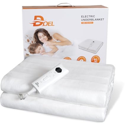 DOEL Electric Blanket Double 160x140cm, 115W Polyester Heated Underblanket with 10 Heating Levels, 3/12 Hours Auto-Off Timer and LED Display, Machine Washable, 220-230V, 50-60Hz, White