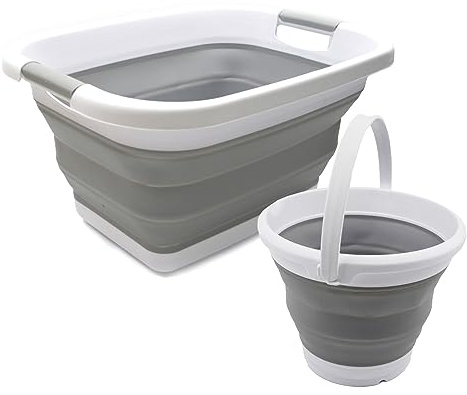 SAMMART 2-teiliges Set: 25 l zusammenklappbarer Wäschekorb aus Kunststoff und 5,5 l zusammenklappbarer Eimer/Wassertopf (Wäschekorb+Eimer, Grau+Grau)