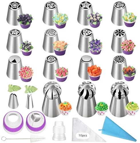 TAKUZA Juego de 32 boquillas rusas, mangas pasteleras con boquillas, boquillas grandes de acero inoxidable, mangas pasteleras de silicona reutilizables, accesorios de adaptador de 3 colores en 1, para