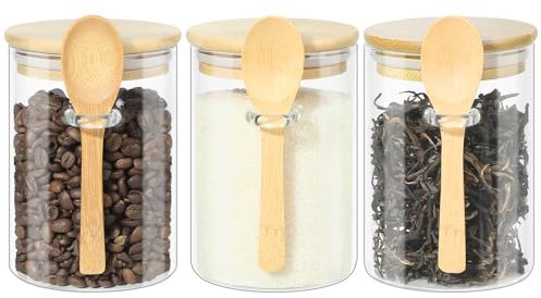 YUEYEE Glasbehälter mit Deckel und Löffel,Meal Prep Gläser,Tee Kaffee und Zuckerdosen Sets,Vorratsgläser mit Deckel Luftdicht für Gewürze,Gewürzgläser,3 Stück 600 ml Vorratsdosen mit Holzdeckel
