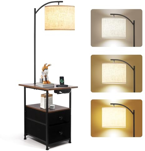 PESRAE Floor Lamp with Table & 2 Drawers, End Table with 3 Color Temperature Reading Light, Side Table Lamp with USB & Type C & AC Charging Port for Living Room, Bedroom