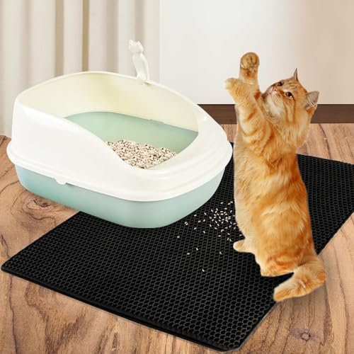 Yugodex Katzenklo Matte groß,Katzenstreumatte 78 x 60cm, Katzenstreu Matt Unterleger Waben Design,katzenmatte wasserdichte Doppelte Schichte,katzen matte für toilette,Black