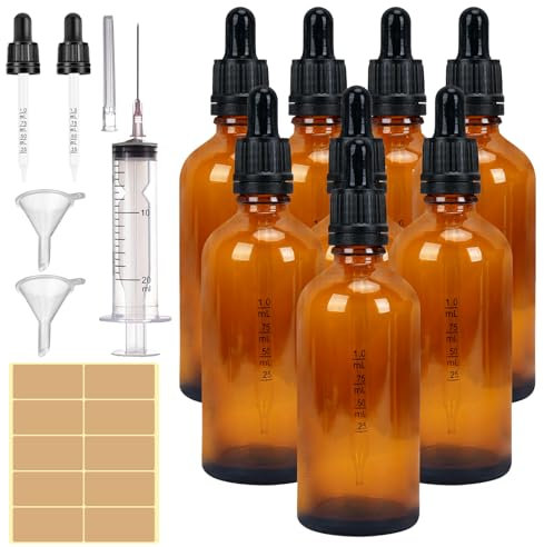 HO2NLE 8 Stück Braunglasflasche 100ml Tropfflasche Braunglas Pipettenflasche für Ätherische Öl, Parfüm, Flüssigkeit, inkl. Kleine Glasflaschen Tropfer Trichter Spritze und Etikett