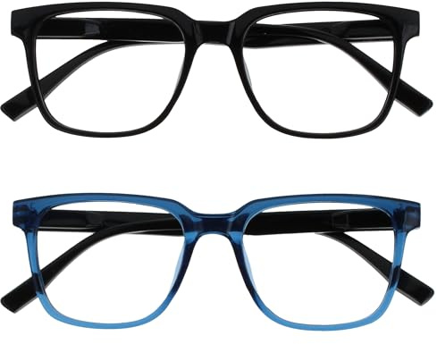 OPULIZE LEO Gafas de Lectura - Pack de 2 - Montura Rectangular Grande - Negro, Azul - Hombre Mujer - Bisagras de Muelle - RR55-13 - +2.00