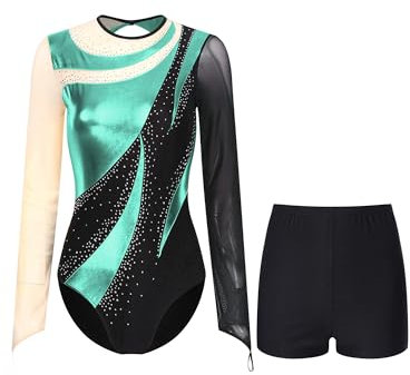Linjinx Damen Turnanzug Langarm Ballett Trikot Tanzbody mit Gymnastik Hose Glitzer Gymnastikanzug Ballettanzug Tanzkleidung Blau Grün S