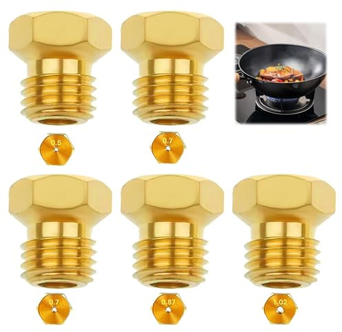 Juego de 5 Boquillas Universales para Quemadores de Gas Propano GLP y Butano, Inyectores Cocina - Rosca M6 1x0.5, 2x0.7, 1x0.87, 1x1.02