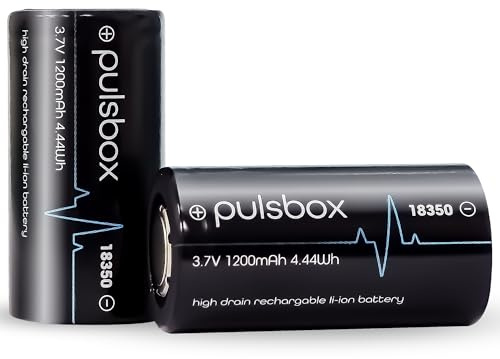 pulsbox IMR 18350 Rechargeable Li-Ion Battery 3.7 V Flat Top 1200 mAh 10 A High Drain (2 x Battery)