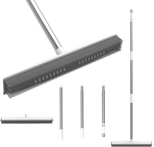Rubber Broom with 120cm Stainless Steels Handle, 31cm Wide Rubber Brush Head with Built-in Squeegee, Soft Broom Indoor, Carpet Sweeper, Pet Hair Remover, No Scratch