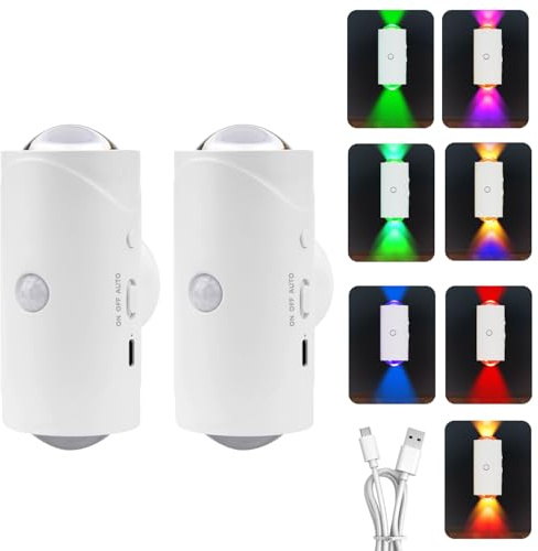 2 pezzi Lampada da parete intelligent, Applique da Parete LED Ricaricabili, Sensore di Movimento per Luci e Batteria Dimmerabile, Interno RGB Notturna per Camera Letto, Facile Installazione Applique