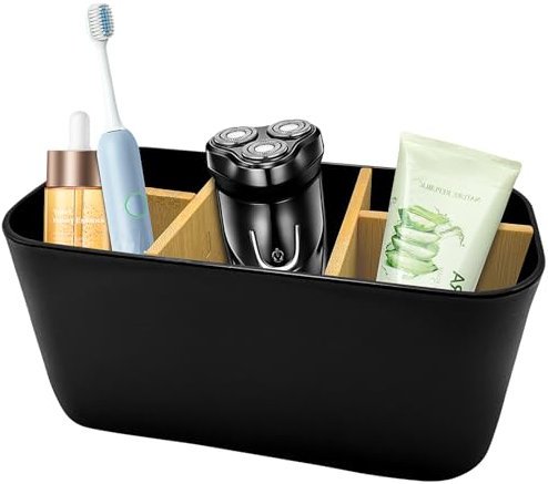 Xpieoyrm Porte-brosse à dents en bambou - Amovible en plastique noir - 5 compartiments - Salle de bain et famille