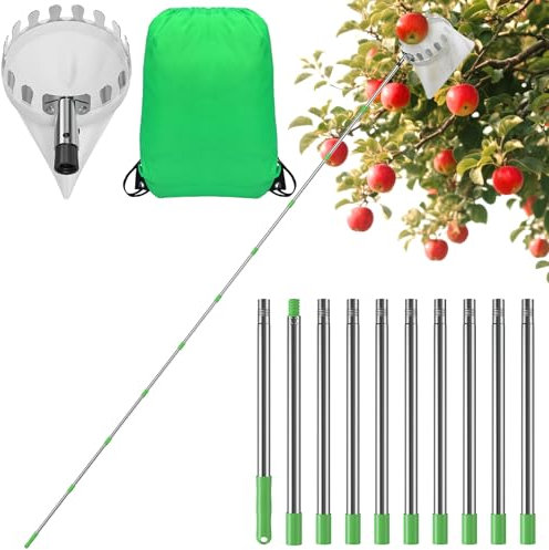 Vegamall Raccoglitore per frutta con asta telescopica, 4 m, facile da montare, con pali di collegamento leggeri in acciaio inossidabile e borsa in tessuto