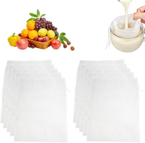 10 Piezas Bolsas de Leche de Nueces, Bolsas de Filtro de Nailon 20 X 30 cm,100 Mesh Filtro de Malla Fina para Leche Vegetal con Cordón para Leche de Frutos Secos, Zumo de Frutas, Leche de Soja