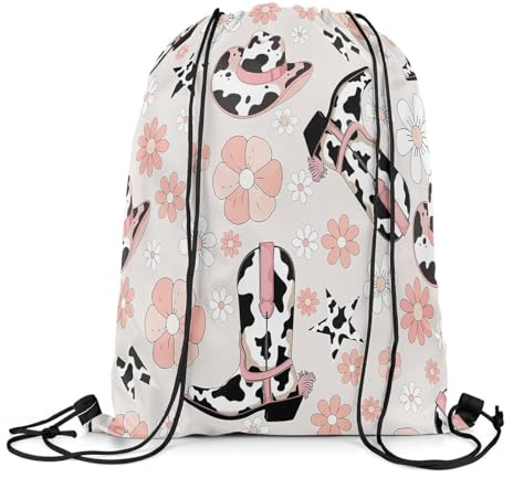 Homewish Zaino da cowboy con coulisse, 33 x 40 cm, con motivo a mucca, con coulisse, pieghevole, con stampa di fiori da cowgirl, borsa per nuoto, yoga, zaino a corda Boho nero rosa, Nero e rosa,