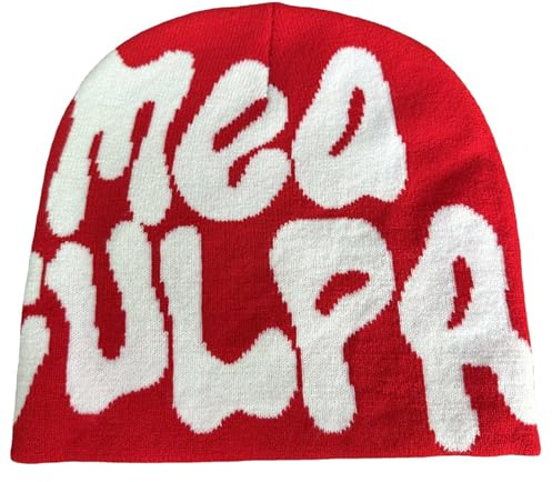 Watreketal MEA Culpa Beanie-Mütze, Buchstaben-Druck, MEA Y2K Beanies, Totenkopfmütze, Strickmütze für Damen und Herren, Strickmütze für Unisex, rot, 3