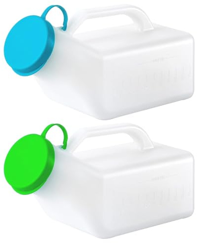 2 Pack Urinals for Men Glow in The Dark Lid - 32oz/1000mL Thick Plastic Mens Bedpan Bottle with Screw-on Lid - Spill Proof Urinary Chamber - Measuring Scale - Male Portable Travel Pee Bottles