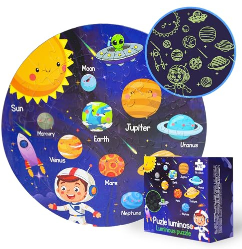 Puzzle Sistema Solare per Bambini (70 Pezzi) - Puzzle Bambini 3 a 8 Anni Educativi - Giochi bambini 3 a 8 Anni Montessori Brilla al Buio - Attività Spazio - Regalo Bambino 5 Anni e Bambina