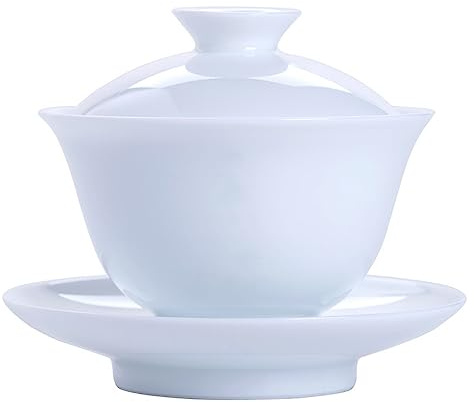CAFIEDR Cuenco de cerámica con Tapa de Barro de Jade esmaltado Blanco Dulce, Juego de té