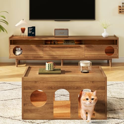 Moimhear TV-Schrank+Couchtisch, Nogal, Conjunto de muebles de salón combinado, Mueble para TV con LED, Muebles para mascotas, Mueble de TV con cesta para gatos (Set 1)