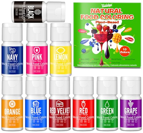 Natural Food Coloring, 10×10ml Plant Based Liquid Dye Set | Plant-based food coloring adds vibrant shades to frosting, cakes and desserts with vegan, gluten-free and artificial dye-free