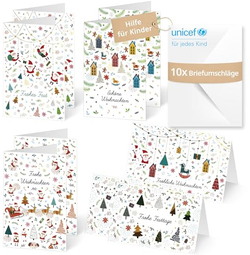 Unicef Weihnachtskarten Frohe Weihnachten | 10 Klappkarten mit Umschlägen | Helfen Sie Kindern in Not: FSC-Papier, 10 Karten mit Umschlägen (17,5 x 11,7 cm) – Weihnachtskarten goldenen Details