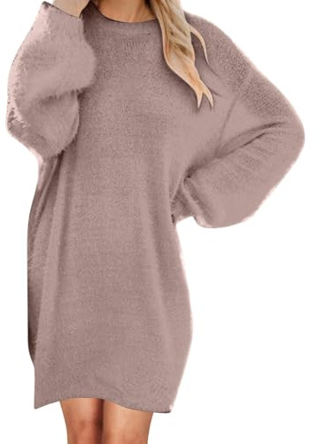 Women's Jumpers Dresses Oversized Fleece Dress Tunic Knitted Long Sleeve Fall Winter Outfits Ladies Loose Fit Crew Neck Warm Sweater Dresses for Work Indoor/Outdoor Plus Size S-5XL Khaki