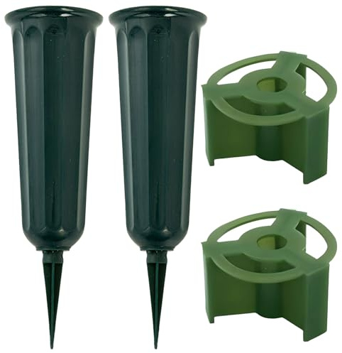 Valicaer Juego de 2 jarrones verdes para tumbas con estaca, soportes para flores de tumba para cementerio, adornos de tumba, soportes para flores junto a la tumba, resistentes a la intemperie con