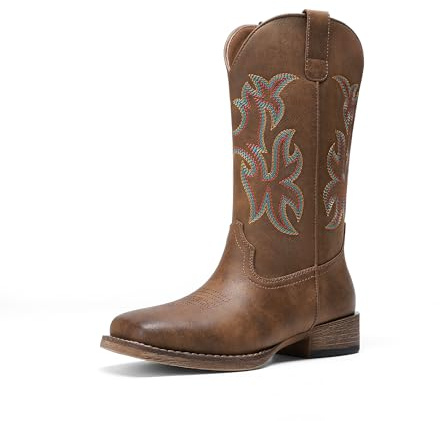 DREAM PAIRS Cowboy Cowgirl Boots for Women,Brown,8 | Wide Square Toe Western Mid Calf Pull-On Embroidered Stitched Retro Boots,Suitable for Daily Music Festivals Fashion