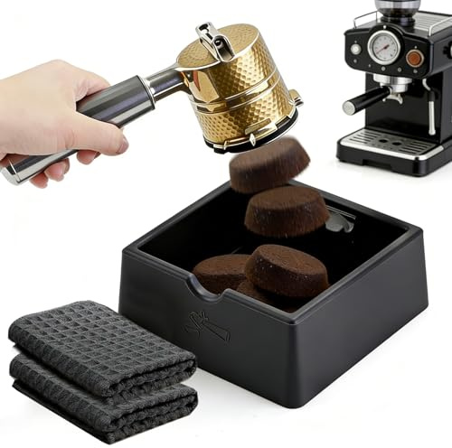 UCFBWO Knock Box & Abklopfbehälter für Siebträger, Schwarz | Kaffeesatz Abschlagbehälter aus Silikon inkl. 2 Tücher. Ideales Barista Zubehör für Ninja, Sage und DeLonghi.