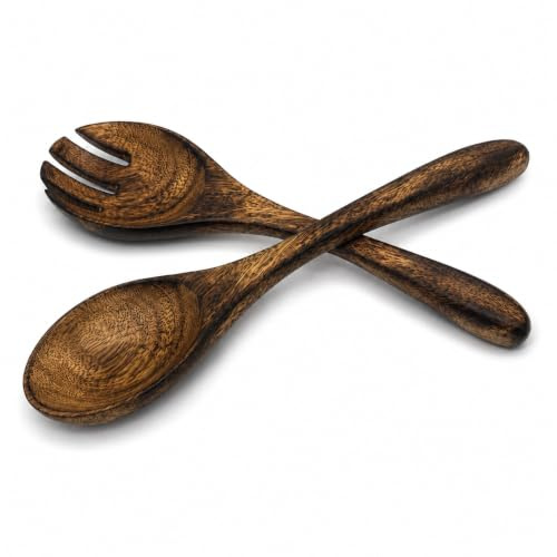 Divit Shilp 2PCS Wooden Salad Servers – Long Handle Spoon and Fork Set for Mixing & Serving | Natural Wood Cutlery for Salad, Pasta, Fruit, Rice & Large Bowls – Durable Kitchen Utensil Set (Classic)
