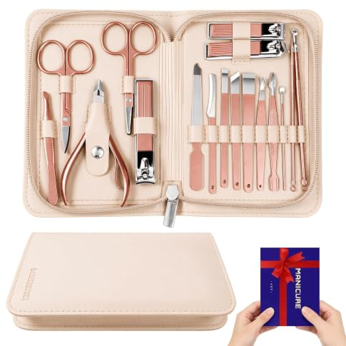 Wosyoodo Kit de Manucure et Pédicure 17-en-1 Professionnel en Rose, Ensemble Coupe-Ongles en Acier Inoxydable avec Étui de Voyage Portable, Durable & Compact pour Soins à la Maison & en Déplacement