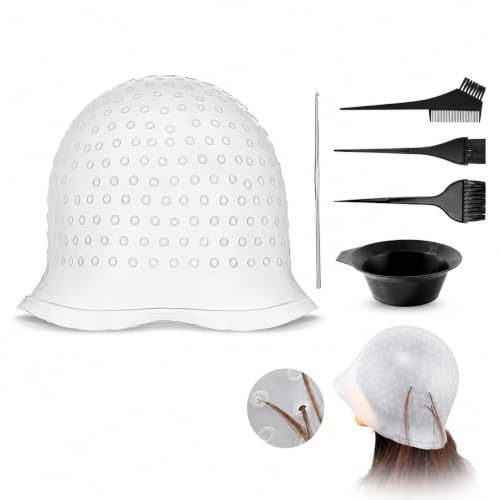 White Silicone Highlighting Cap with Steel Hook Needle and Folding Bowl 4 Pcs Hair Dye Tool Kit Reusable Hair Coloring Cap for Balayage Ombre Highlights Salon Home Use