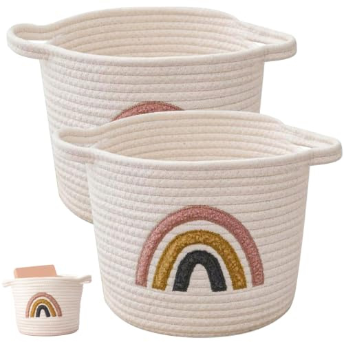2 Stück Kleiner Gewebter Aufbewahrungskorb, 25x20cm Kinder Baumwollseil-Regalkorb mit Regenbogen, Korb Geflochten mit Griffen Gewebter Spielzeugkorb für Kinderzimmer Schlafzimmer Organisieren Kleidung