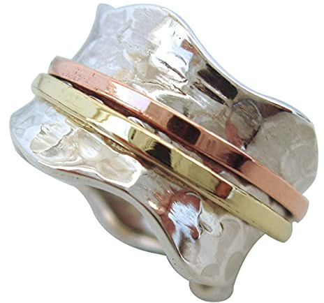 Energy Stone Bris Sterlingsilver Meditation Spinner ring med Hamrat mönster Skaft och snurrande ringar i mässing & koppar (Stil UK06)