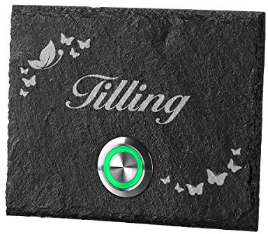 polar-effekt Personalisierte Türklingel aus Schiefer - 100x80 mm Klingelschild mit Gravur - Klingelknopf GRÜN - Klingelplatte Geschenk zum Einzug [mit Edelstahlklammer] Motiv: Schmetterlinge