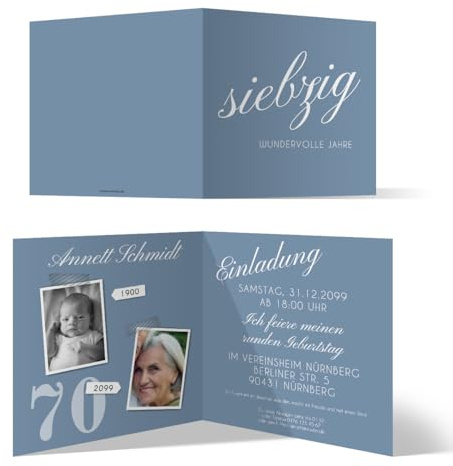Runder 70. Geburtstag personalisierte Einladungskarten - siebzig wundervolle Jahre - Klappkarte, zwei Fotos, ab 10 Stück, dickes Papier