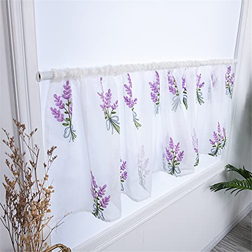 ESLIR Bestickte Küche Gardine Scheibengardine Tunnelzug Bistrogardine Landhaus Kurzgardine Halbtransparent Leinen mit Blumensträuße Design Lila HxB 60x120cm 1 Stück
