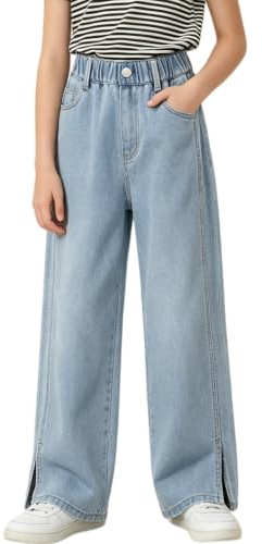Rolanko Girls Jeans Bootcut Ripped Elasticated Waist Retro Style Denim Pants for Kids Fit